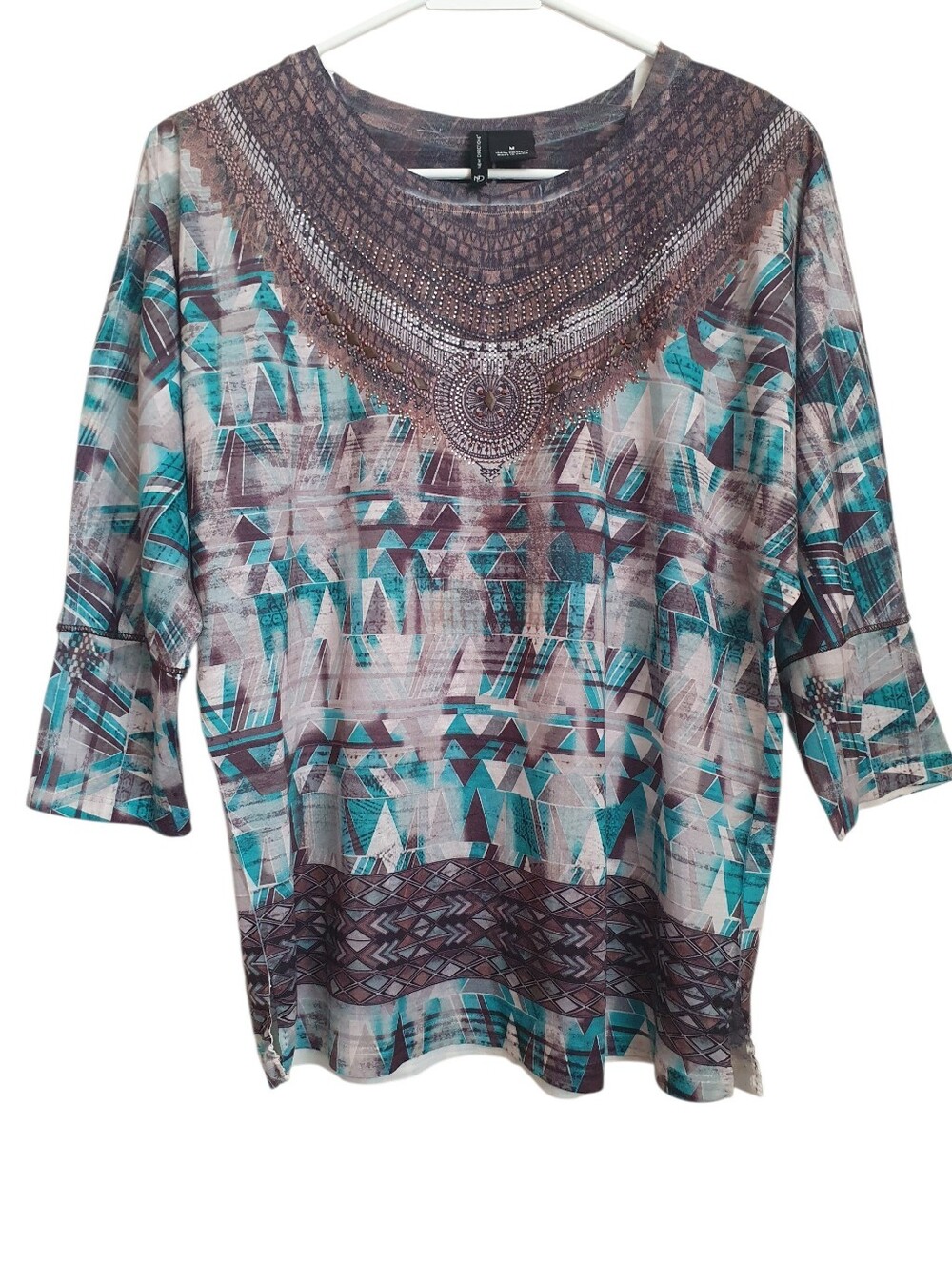 New Directions Women's Blue Green Brown Aztec Print Size M Studded Collar